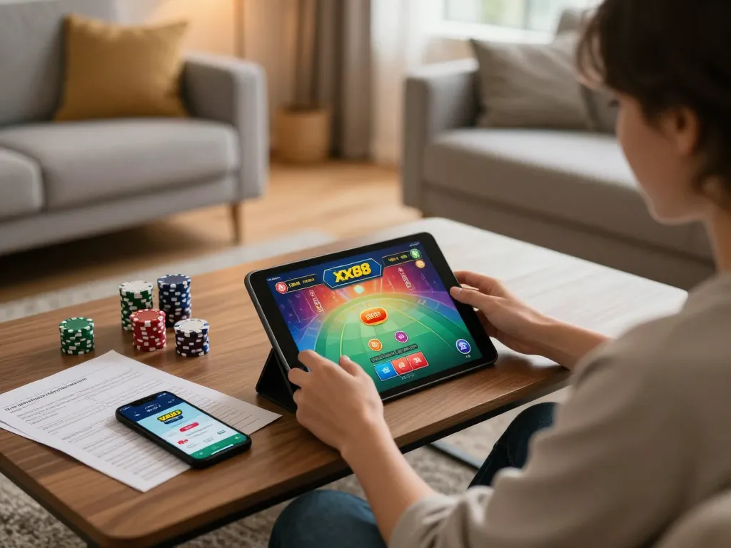 Player engaging with the xx88 online casino app on a tablet in a cozy home setting.