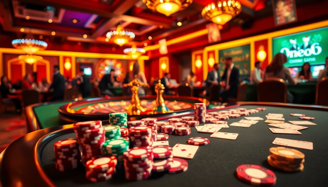 Nc88 poker table scene with vibrant chips and cards, capturing the thrill of gambling.