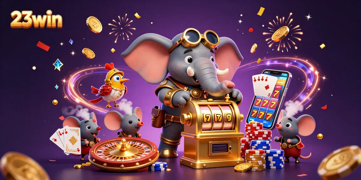 Spin the golden slot machine at 23win with a steampunk elephant, surrounded by coins and cards.