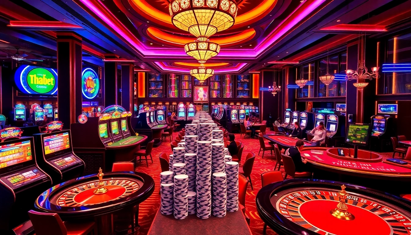 Excitement at thabet casino with players at roulette and poker tables amid neon lights.