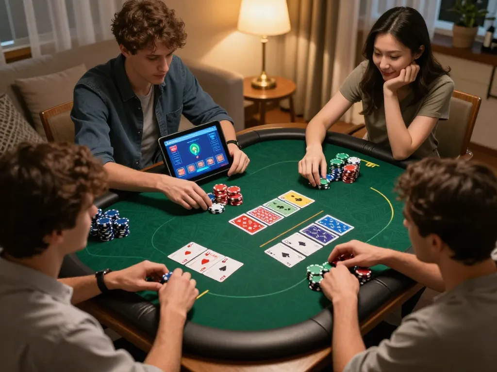 Players strategizing in an online poker game on LGOSUPER with vibrant chips and cards visible.