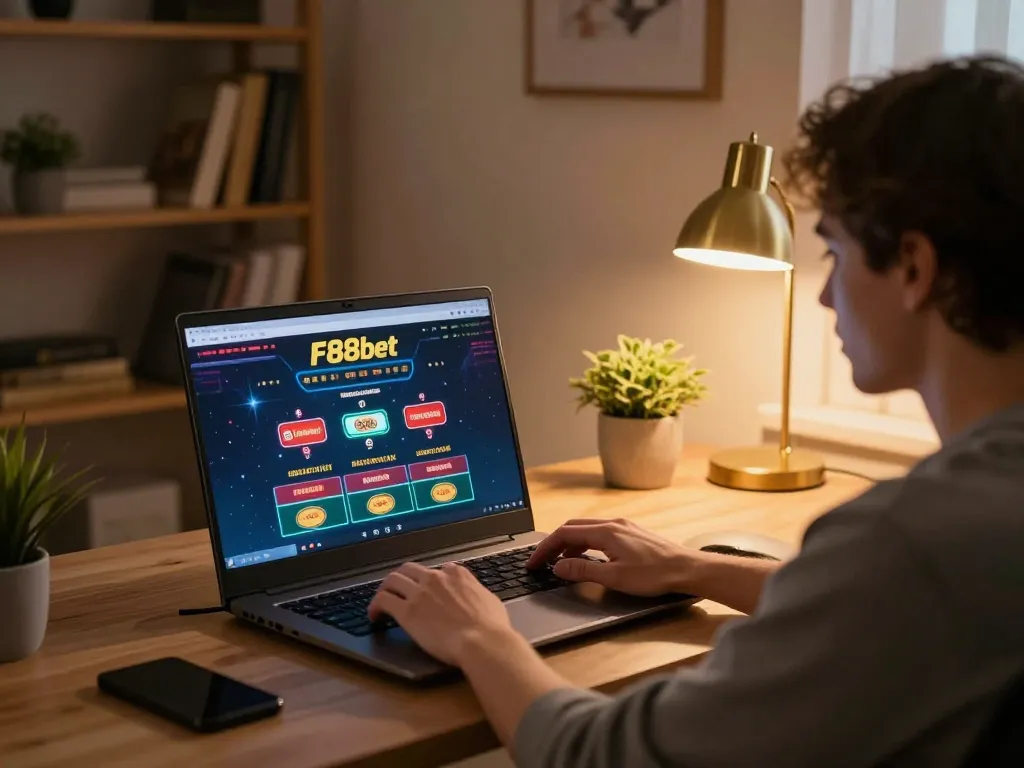 Player engaging with F88bet casino platform on laptop in a cozy home office setting