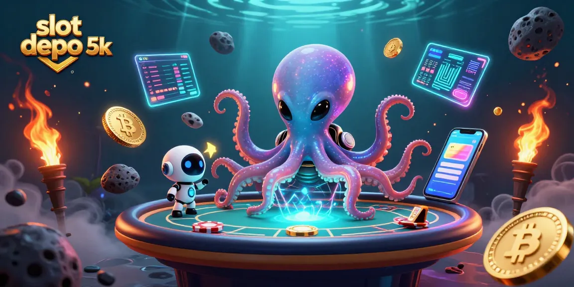 bermain di slot depo 5k dengan alien dan robot sambil dikelilingi koin kripto yang bersinar.