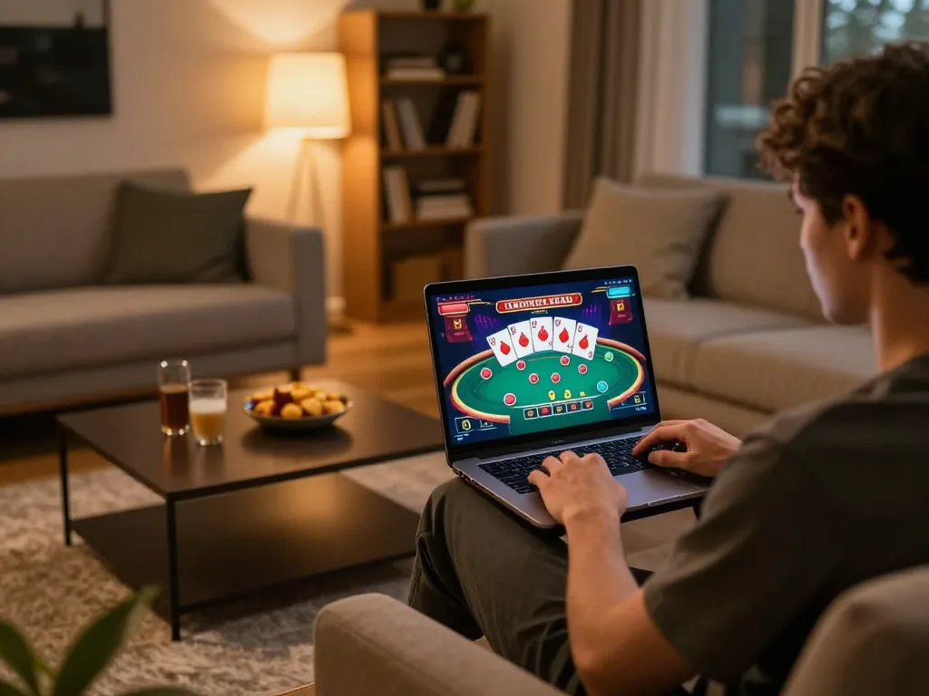 Person enjoying online Fun88 gaming on a laptop in a cozy atmosphere surrounded by snacks.