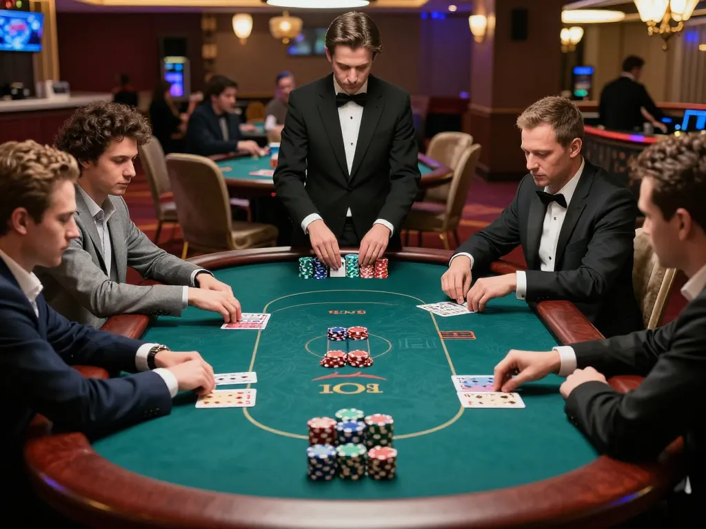 mantra88 players strategizing at a poker table with colorful chips and dealer in action