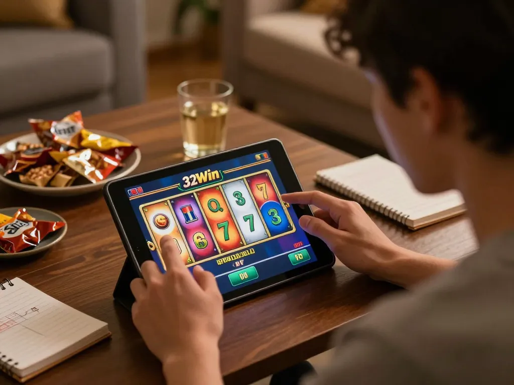 Engaging player using 32win app for thrilling slot gaming at home with colorful reels.
