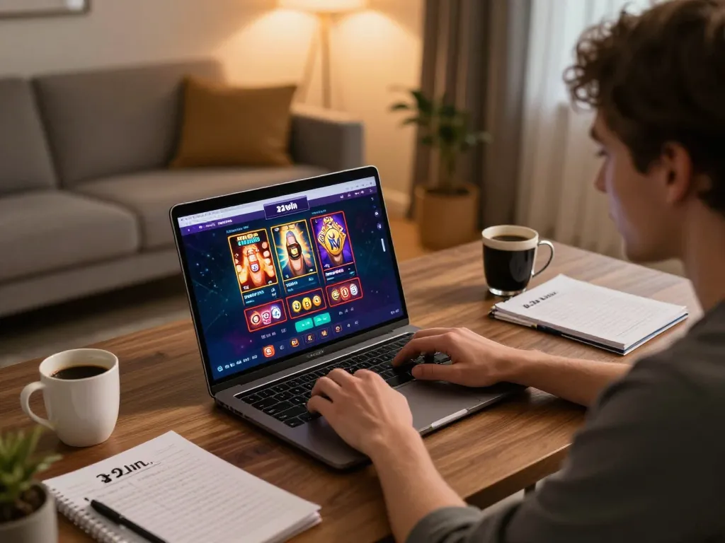 Player engaged in online gaming at 32win with laptop and strategy notes.