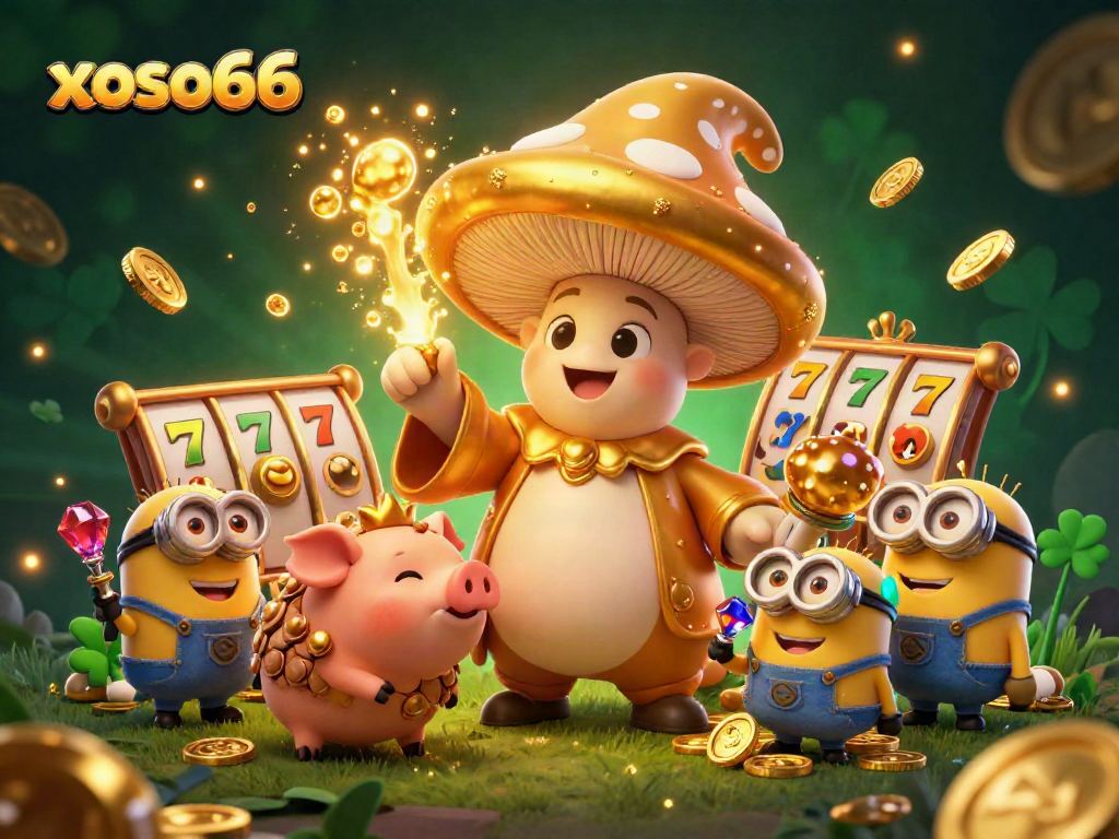 Experience xoso66 with a golden mushroom wizard casting magic in a bustling casino scene.