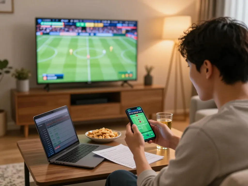 Bsport app user placing bets on thrilling sports events in a cozy home setup.