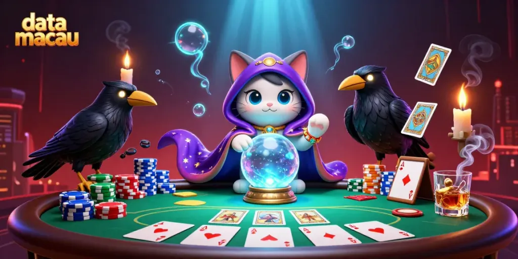 Melihat hasil DATA MACAU hari ini dengan kartu poker dan karakter mistis dalam ilustrasi menawan.
