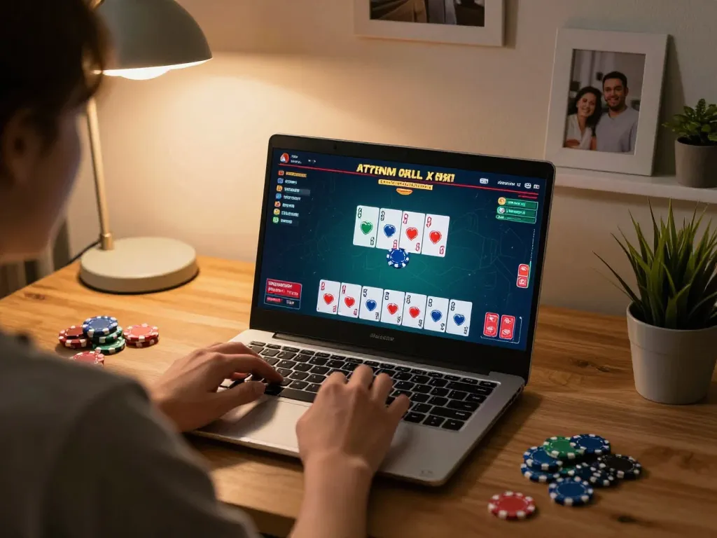 Playing blackjack online at home with hi88 gaming interface visible on laptop