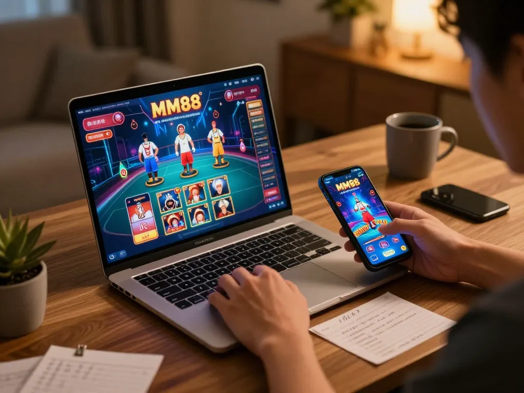 Engaging in an online casino game with MM88 via laptop and smartphone in a cozy setting