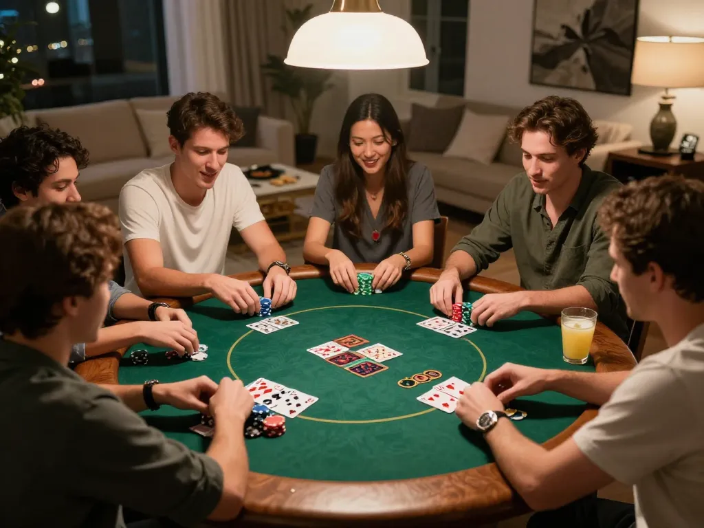 Engaging poker game scene showcasing excitement with friends at home, reflecting the spirit of https://kjc.events/ interactive entertainment.