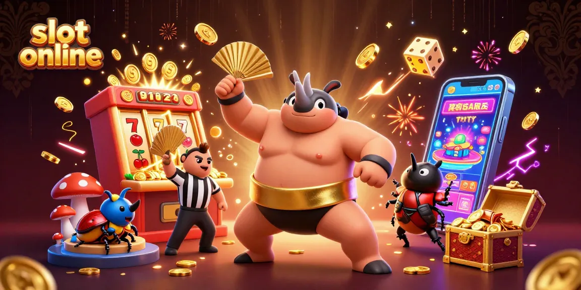 Slot online menarik yang menampilkan juara sumo dan mesin slot menghasilkan koin berkilau.