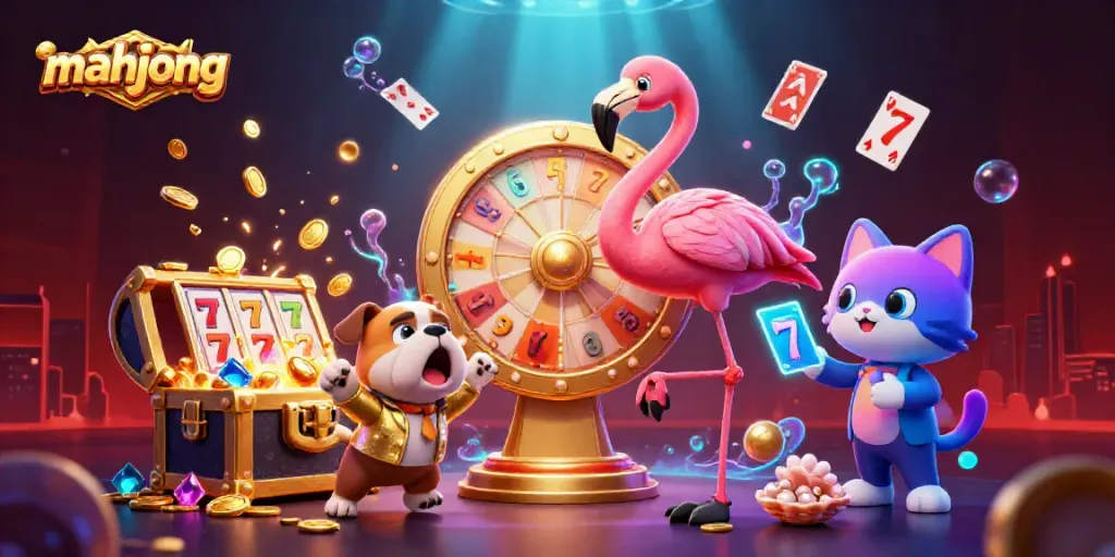 Gambarkan mahjong dengan flamingo pengacara dan bulldog dalam suasana kasino.