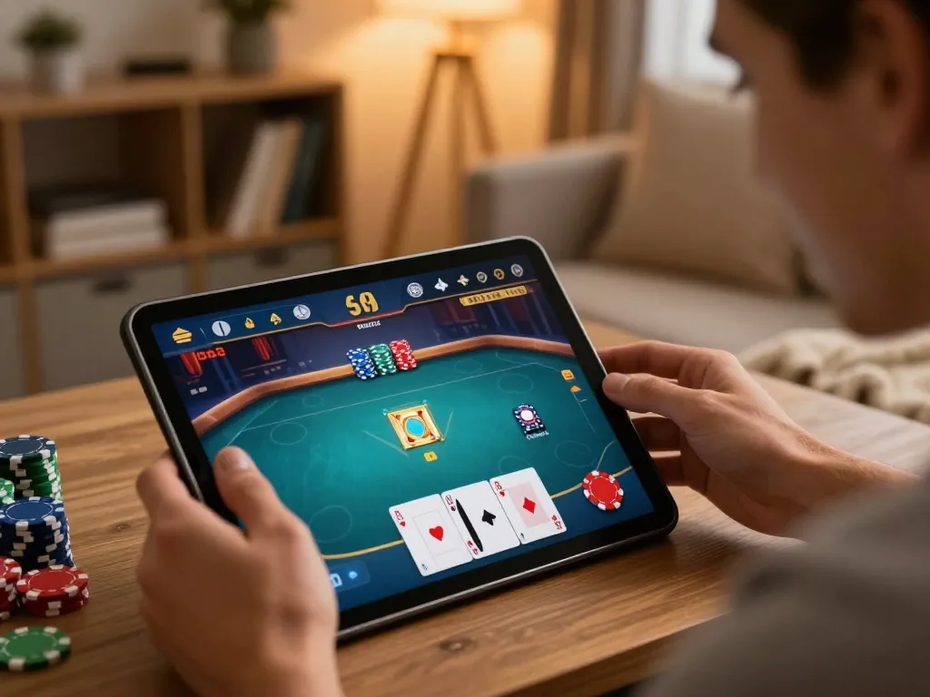 GO88 player strategizing during an online poker game, showing vibrant interface and engaging atmosphere