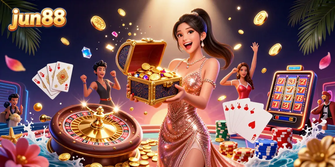 Experience thrilling casino action with jun88, showcasing exciting games and golden treasures.