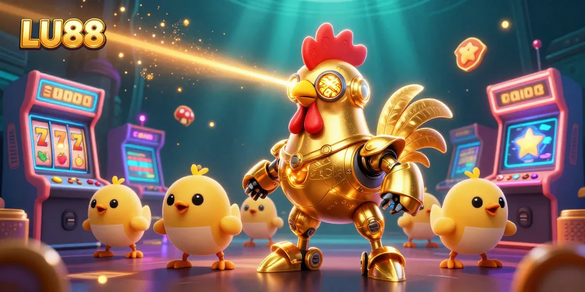 Engage in LU88's vibrant casino experience with a golden rooster robot and colorful game elements.