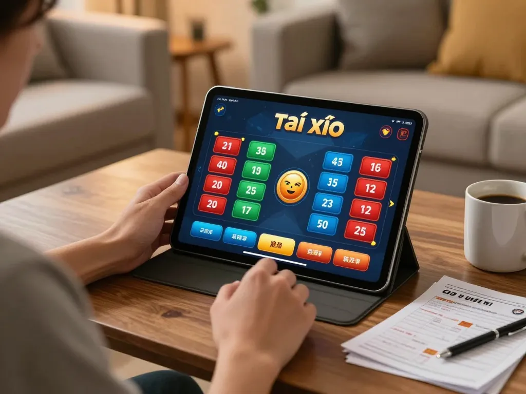 Engaging gameplay with app tài xỉu online on a tablet showcases a cozy home environment.
