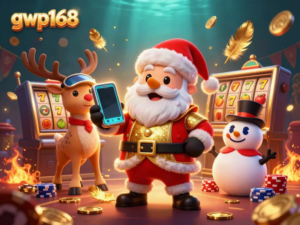 Santa Claus berinteraksi dengan slot gwp168 di kasino 3D penuh aksi.