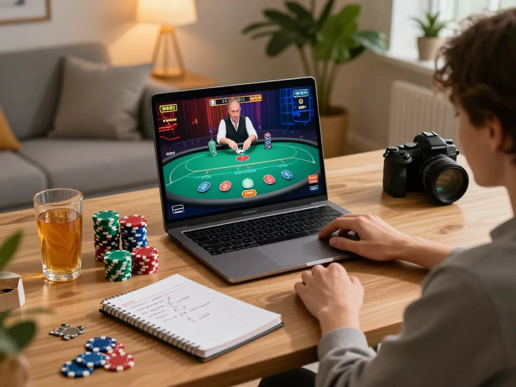 Engage in strategic gameplay with n188vip during a live poker session at home, showcasing focused ambiance.