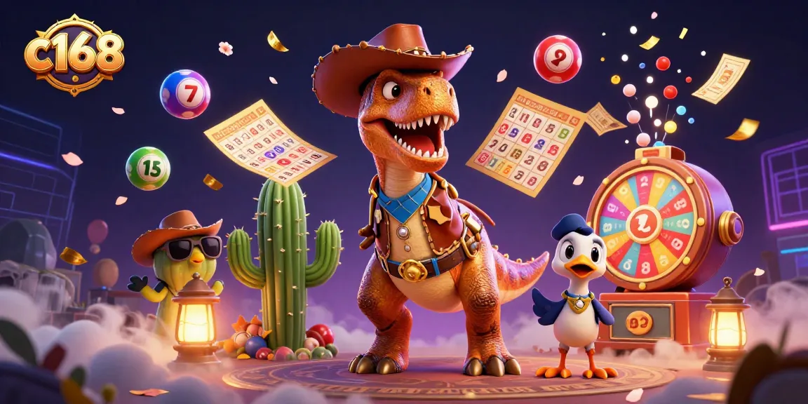Experience the thrill with c168 as the cowboy dinosaur interacts with vibrant lottery game elements.
