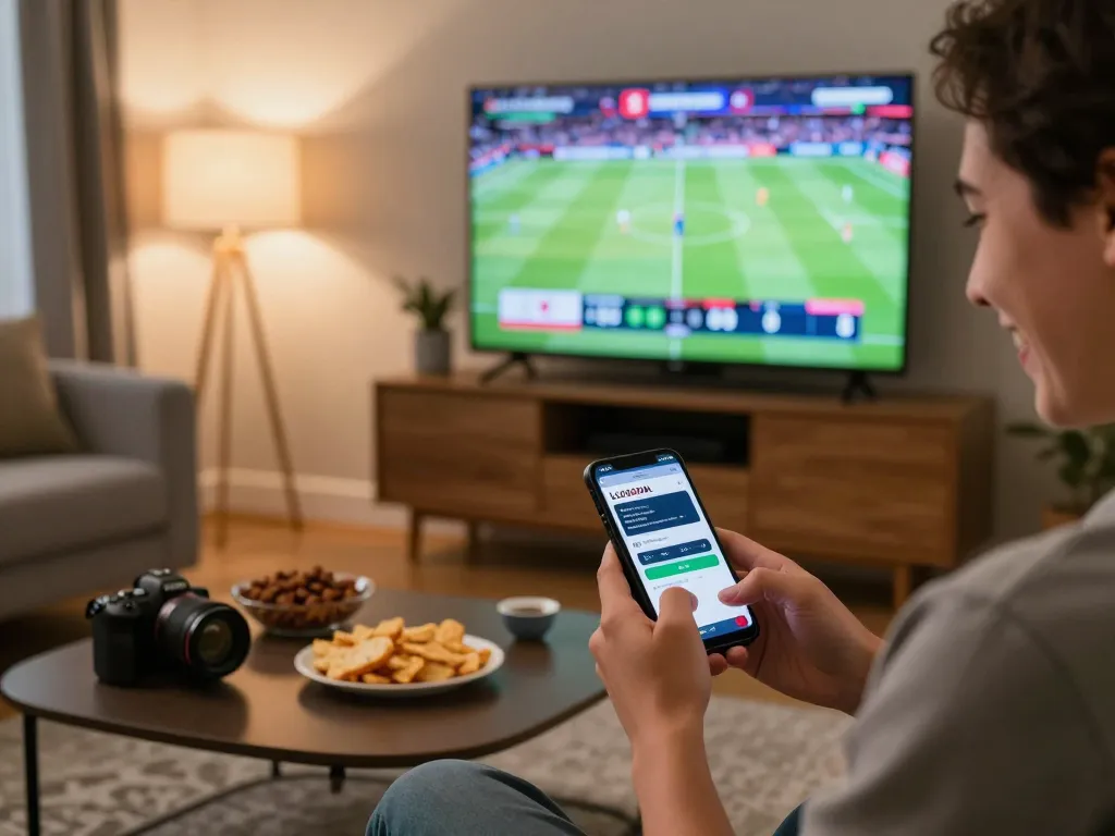 Engaged user placing bets on LGOGOAL sports platform in a cozy home setting.