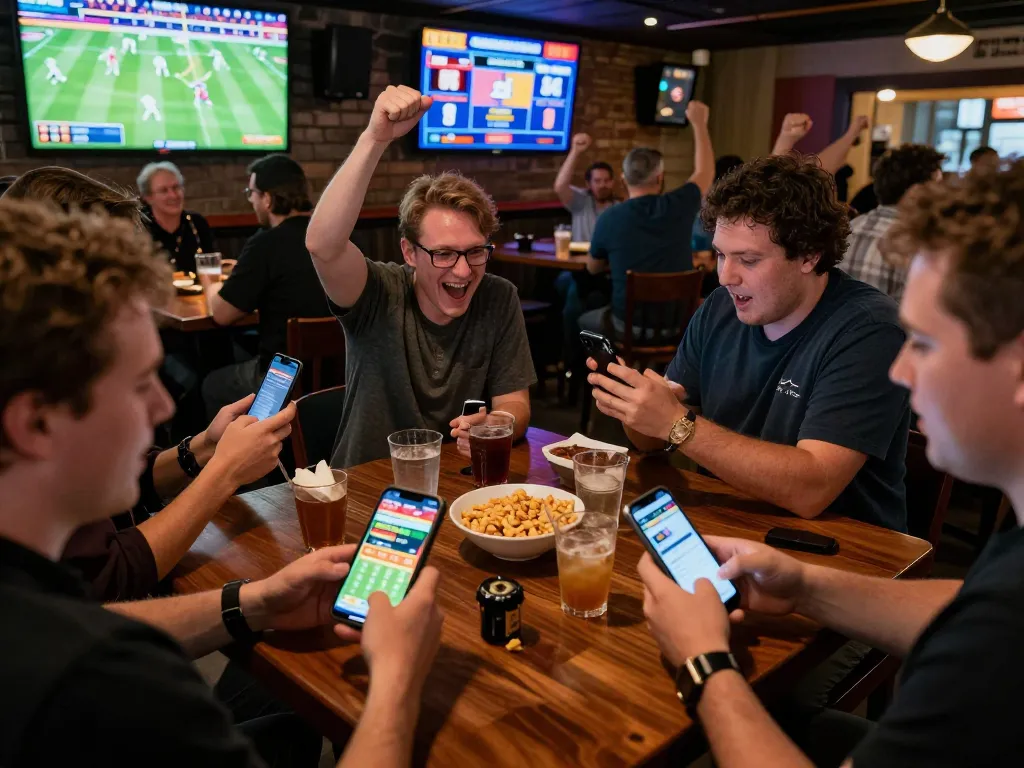 Patrons actively engaging in sun win sports betting at a lively sports bar, capturing excitement and camaraderie.