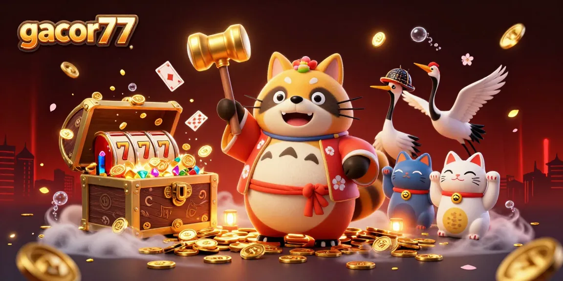 Menangkan jackpot di gacor77 dengan ilustrasi ceria Tanuki dan elemen permainan yang menarik.