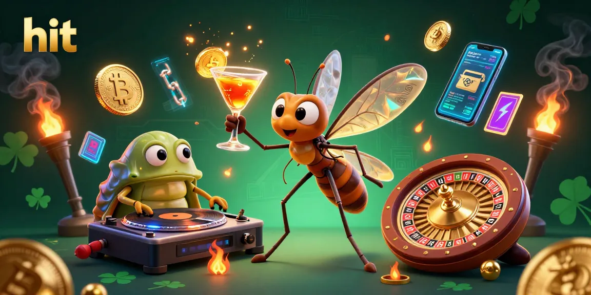 Hit the jackpot with a lively casino scene featuring animated characters and crypto elements.