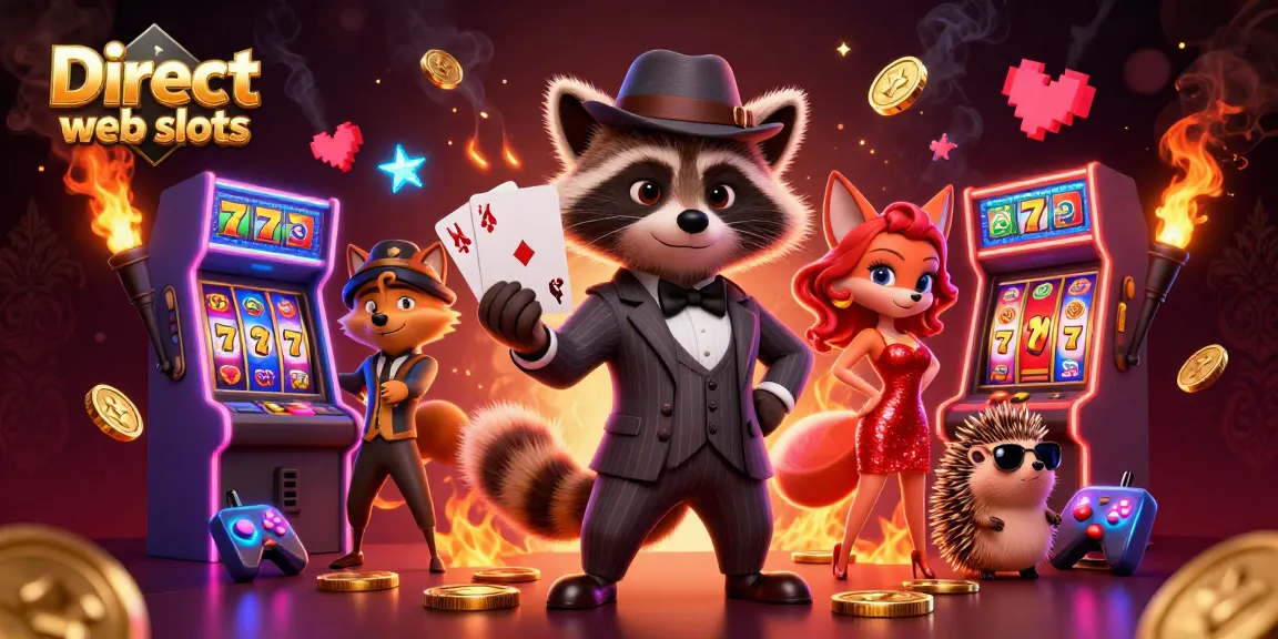 Engage with Direct web slots featuring a suave raccoon and charming fox amidst vibrant casino elements.