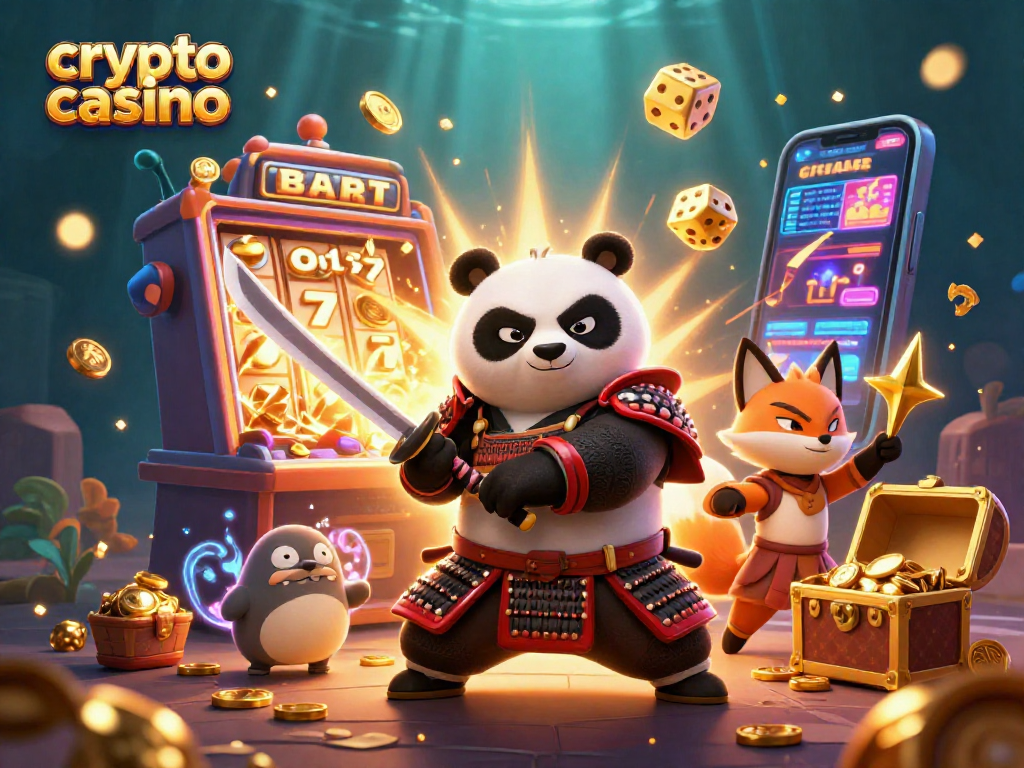 Engage in the vibrant world of a crypto casino with a samurai panda and ninja fox illustrating dynamic gameplay