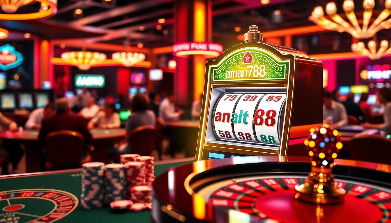 Suasana kasino yang menawan menampilkan mesin slot aman788 di tengah chip poker dan roda roulette.