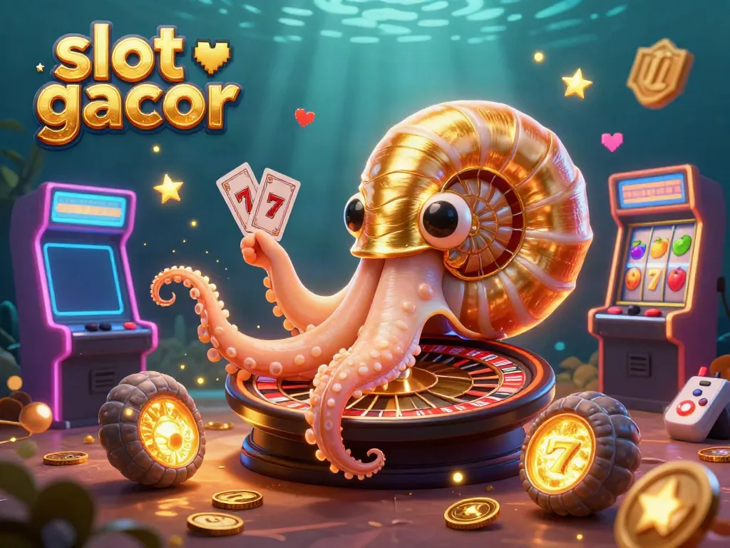 Spin vibrant slot gacor reels alongside a giant nautilus and glowing ammonites in a lively casino scene.