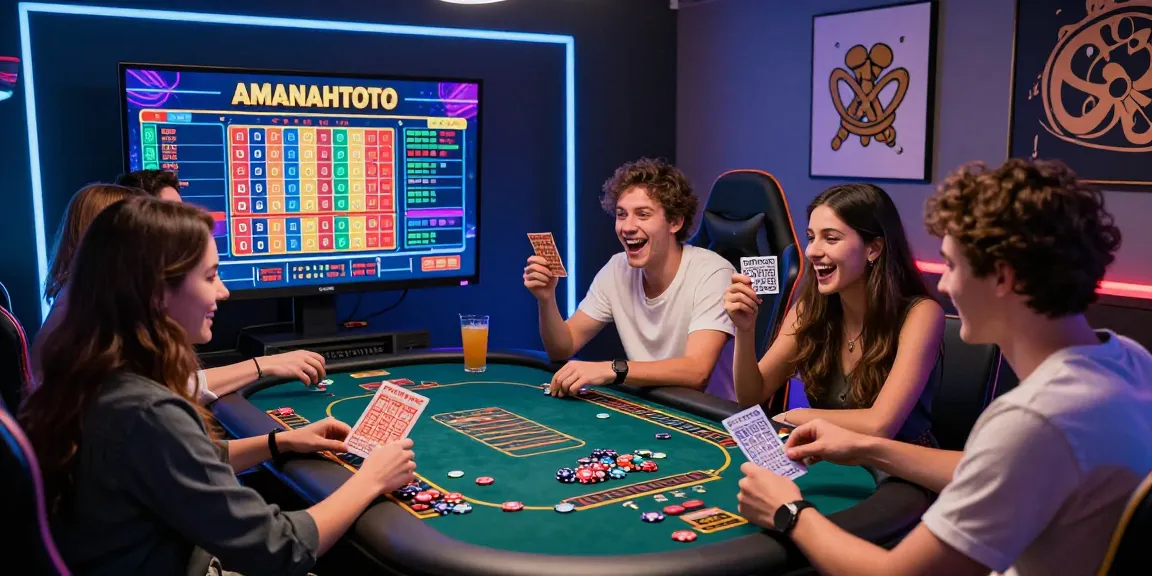 Friends enjoy AMANAHTOTO lottery game in a modern gaming environment, discussing strategies with colorful lottery tickets and gaming chips.