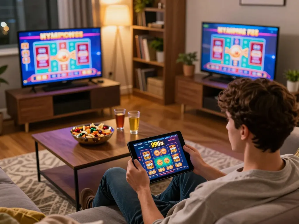 Player enjoying a 99Win online gaming experience on tablet in cozy home setting