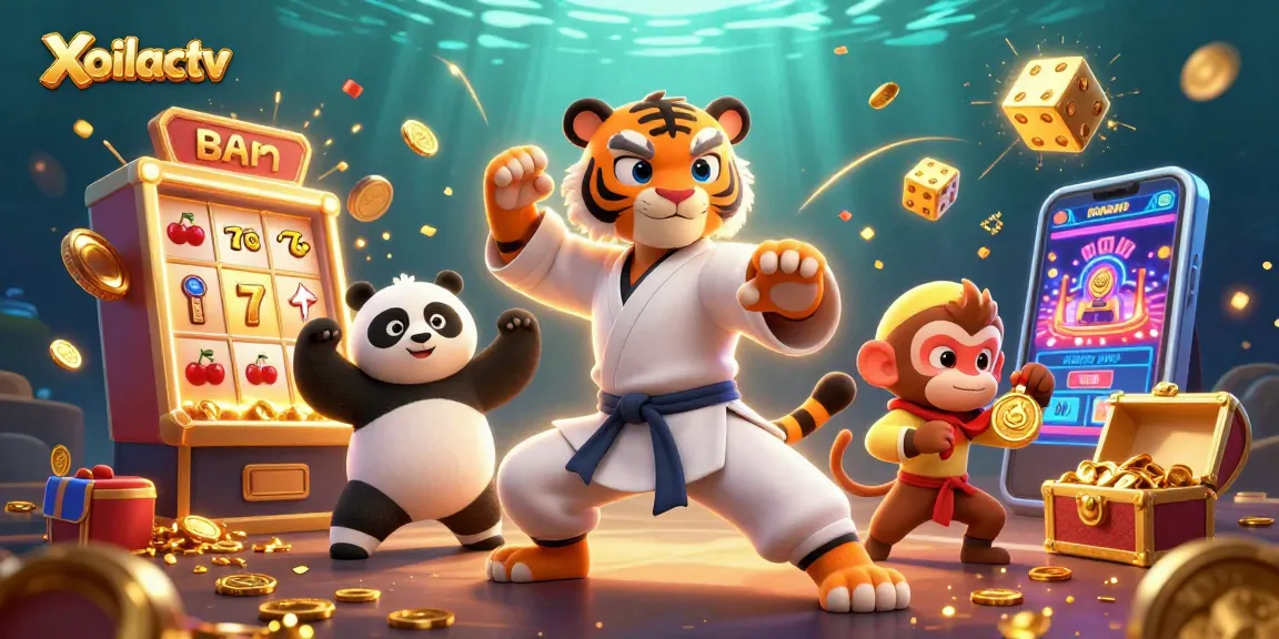 Xoilactv showcases a fun cartoon scene with a kung fu tiger master, panda disciple, and monkey stealing a golden medal amidst vibrant casino elements.