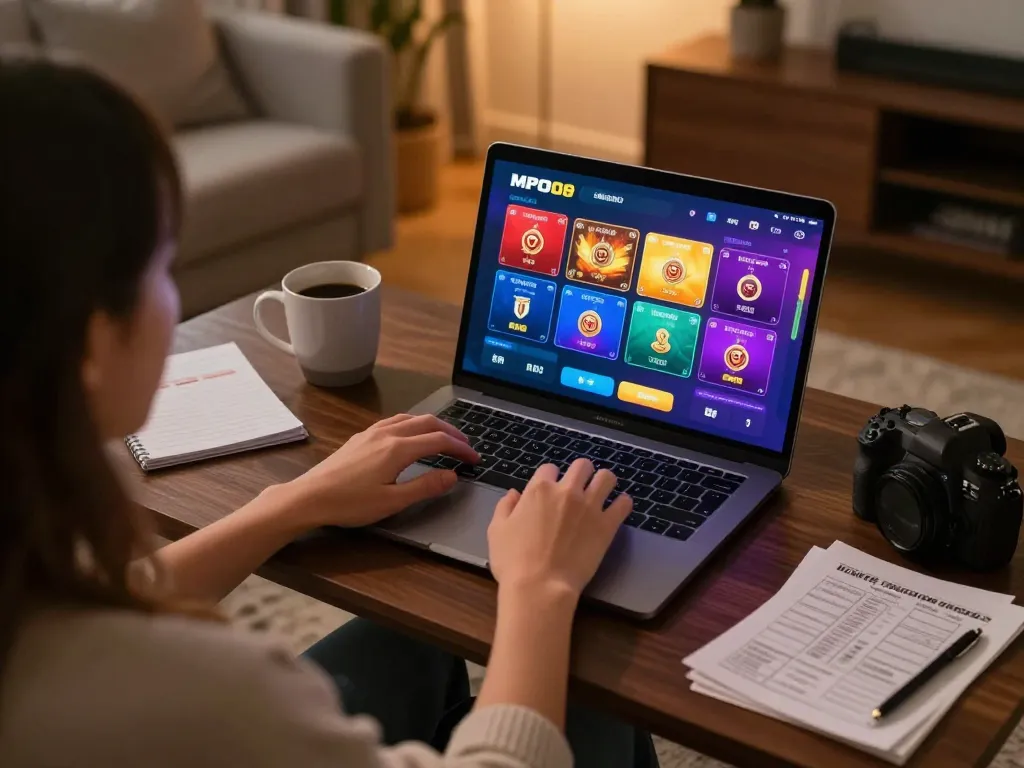 MPO08 player engaged in online gaming at home, enjoying responsible gambling experiences