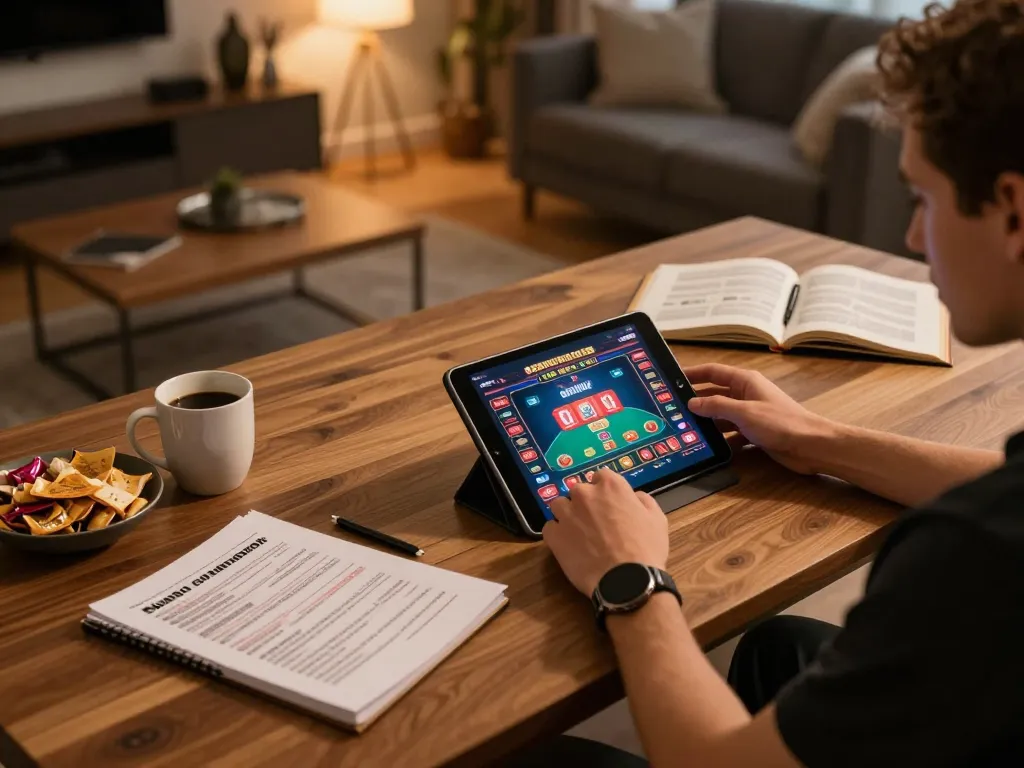 Engaging in online gameplay through wild sultan casino connexion, showcasing a cozy home setup with vibrant gaming interface.
