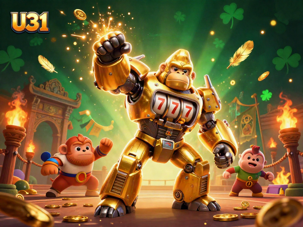 Engage with the U31 gaming experience, illustrated with dynamic slot machine themes and golden gorilla elements.