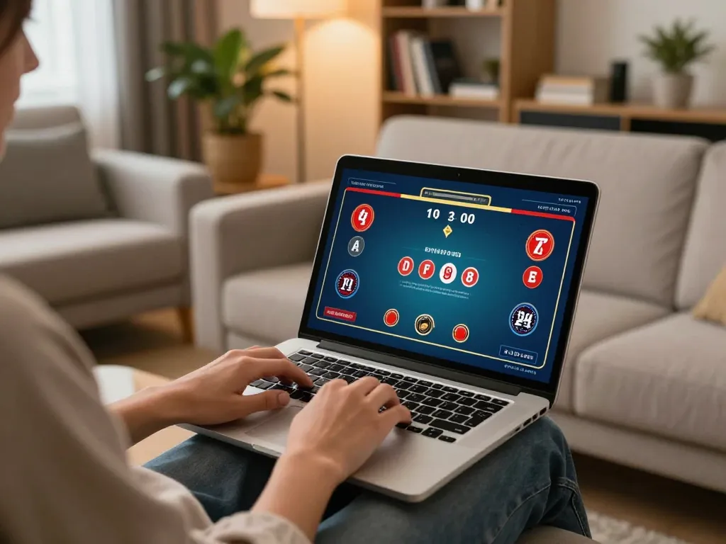 Player strategizing on KP88 poker game from home, comfortable modern setting with laptop.