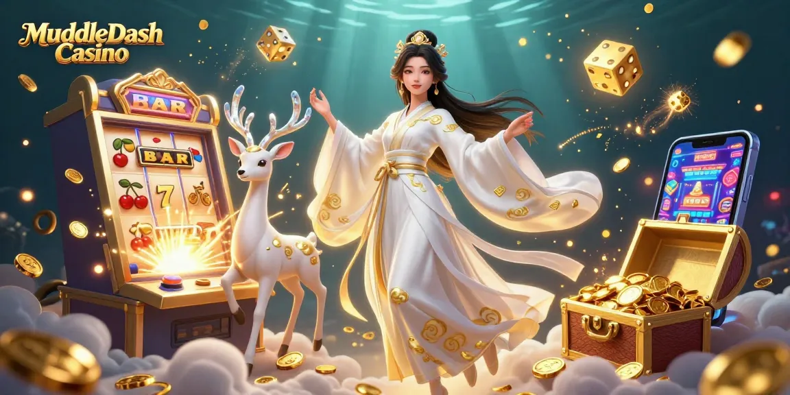 MuddleDash Casino scene featuring Asian woman in hanfu, celestial deer, and dynamic slot machine overflowing coins.