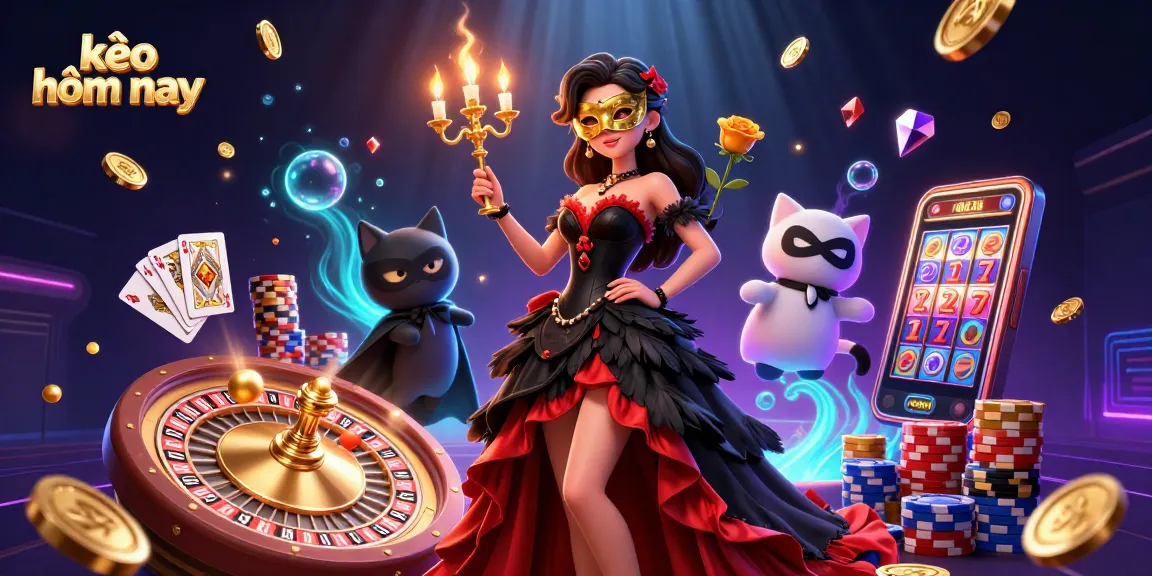 Experience kèo hôm nay with a vibrant scene of a woman in a glamorous gown, golden coins, and a roulette wheel