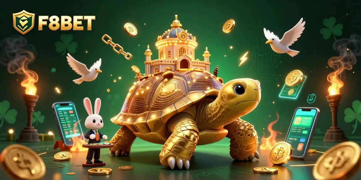 Engage with F8BET's vibrant casino experience featuring a golden tortoise and a rabbit dealer in a dynamic scene filled with coins and game elements.