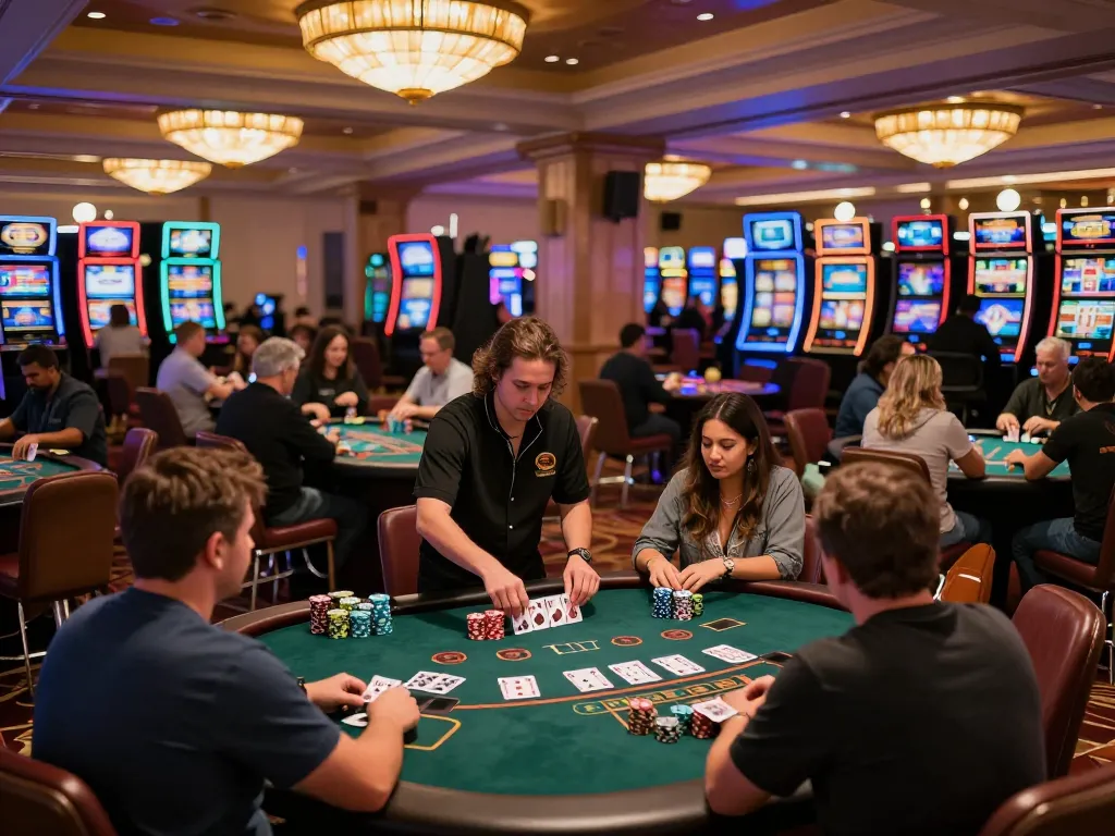 Players enjoying blackjack at bem88l casino, dynamic gameplay with chips and dealer.
