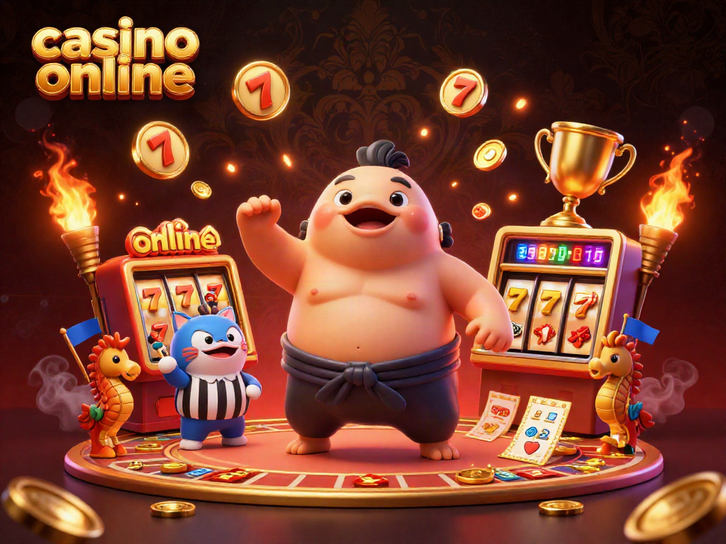 Engaging casino online scene with cartoon fugu in a sumo belt and vibrant gaming elements