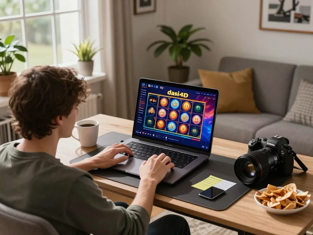 Pemain yang terlibat memasang taruhan pada slot dasi4d sambil menikmati suasana rumah yang nyaman dengan laptop.