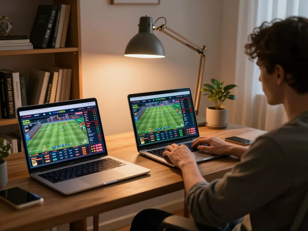 Tập đoàn okwin sports betting setup with live games on screen, capturing strategic decision-making in a comfortable home office.