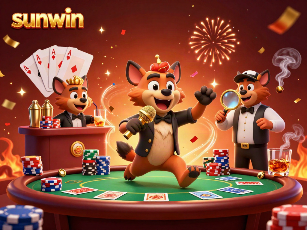 Experience the vibrant sunwin casino atmosphere featuring hyenas engaged in lively games and comedy.