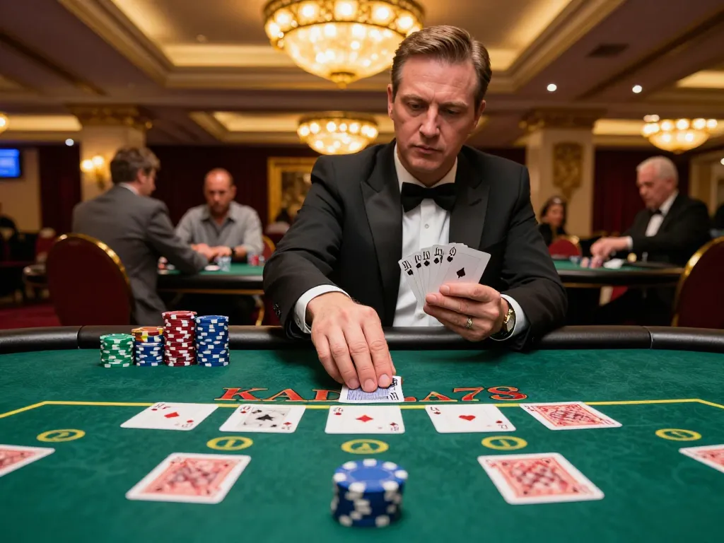 KADAL778 blackjack player strategizing over cards at a luxurious casino table.